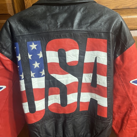 Michael Hoban Wheremi 1991 Leather Bomber Jacket Mens XL USA Flag Patriotic - Picture 9 of 11